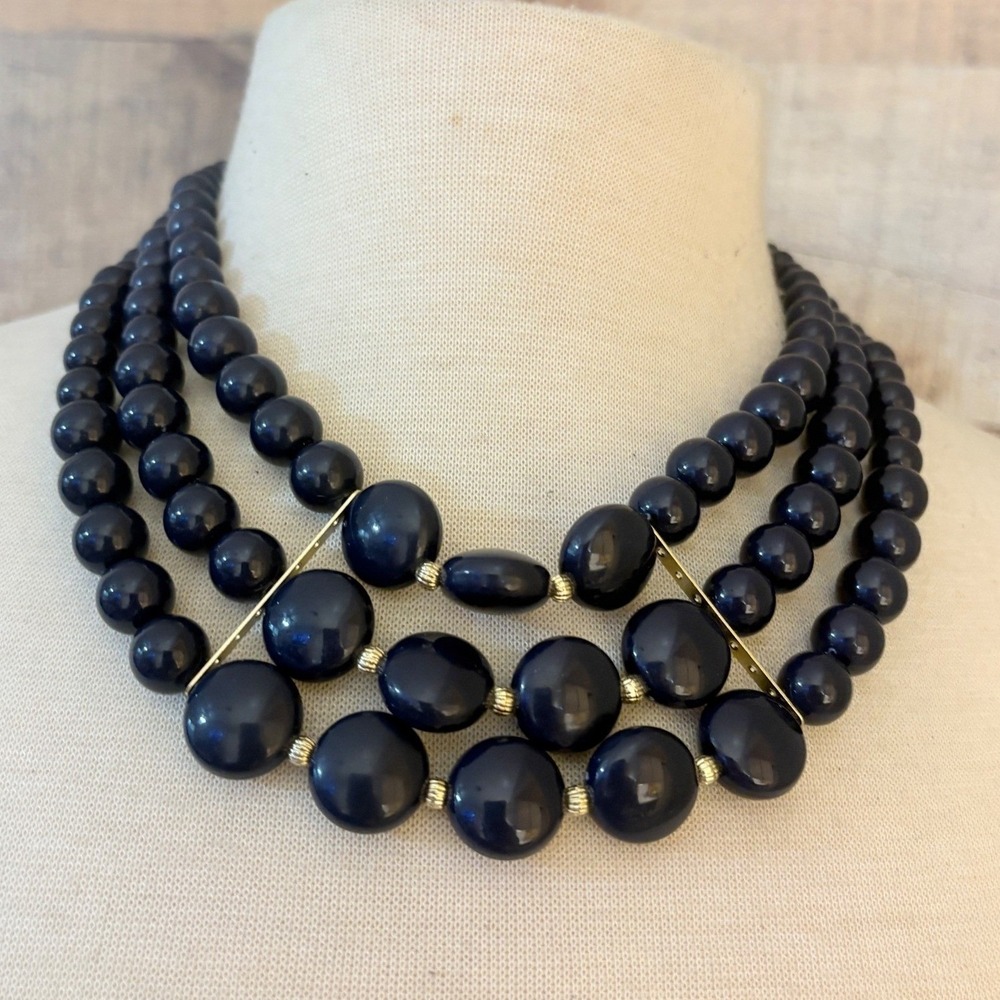 Navy Blue Triple Strand Bib Necklace Gold Tone Spacers Statement Resin Beads